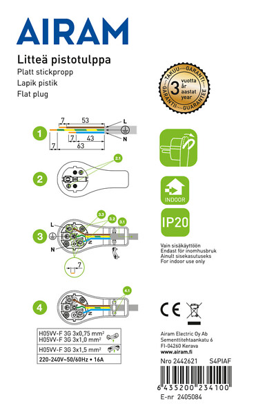 Litteä pistotulppa vetokahvalla IP20 - Pistotulpat ja adapterit - 6435200234100 - 2