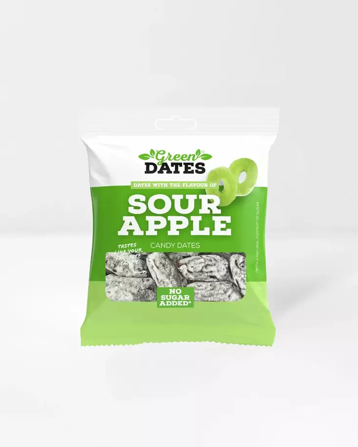 Karkkitaatelit Hapankirpeä Omena Candy Dates Sour Apple 90g - Pähkinät ja luonnonmakeiset - 5708147010085 - 1