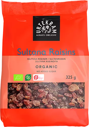Urtekram Luomu Sultanarusina 325g - Pähkinät ja luonnonmakeiset - 5701058011387 - 1